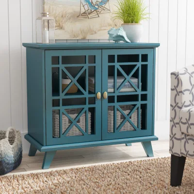 Muebles antiguos modernos, pintura azul, gabinete de almacenamiento decorativo de 2 puertas, muebles de sala de estar con puerta de vidrio